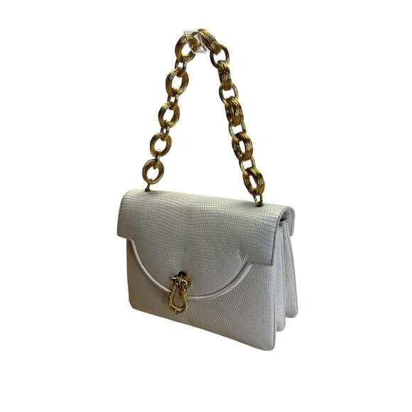 Vintage Finesse White Faux Lizard Leather Handbag Gold Chain Strap & Twist Clasp - Picture 2 of 8
